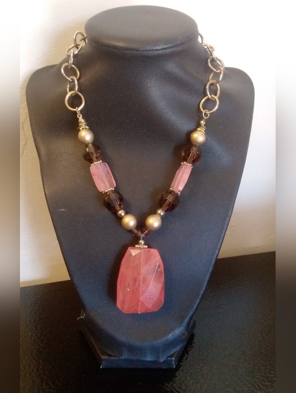 Chunky Statement Necklace Pink Brown Stone Choker Jewelry Earthy Boho Artsy